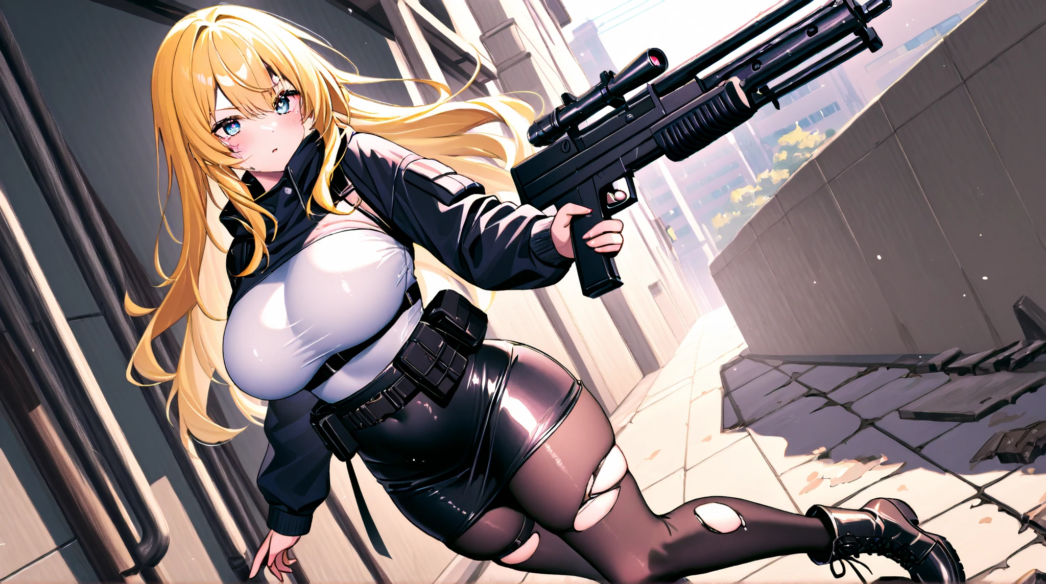 A busty woman aiming at someone with a sniper rifle.