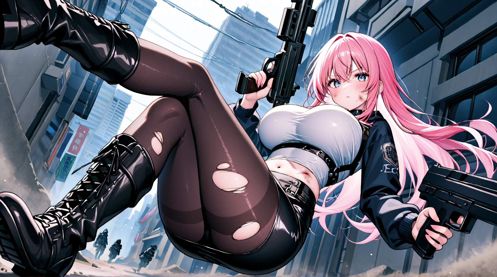 Cute and sexy girl, Pink Hair, Bunny girl, Ultra-realistic, Detailed lighting, anime, Holding a shotgun and wearing a Sukajan jacket