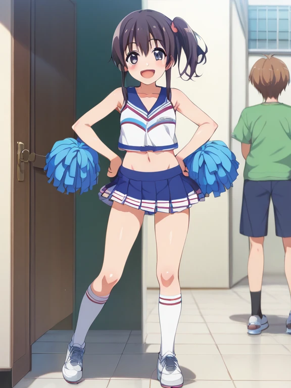 Matsuura kanan, love live style, multiple boys, long blue hair, breasts, in school, blush, smile, open_mouth, bangs, skirt, large_breasts, shirt, navel, school_uniform, blue_hair, purple_eyes, white_shirt, ponytail, short_sleeves, thighs, pleated_skirt, one_eye_closed, serafuku, midriff, sailor_collar, arms_up, neckerchief, ;d, grey_skirt, uranohoshi_school_uniform, green_neckerchief, bouncing breasts , hentai girl, hentai style,ecchi girl, ecchi style , skirt sticking on crotch