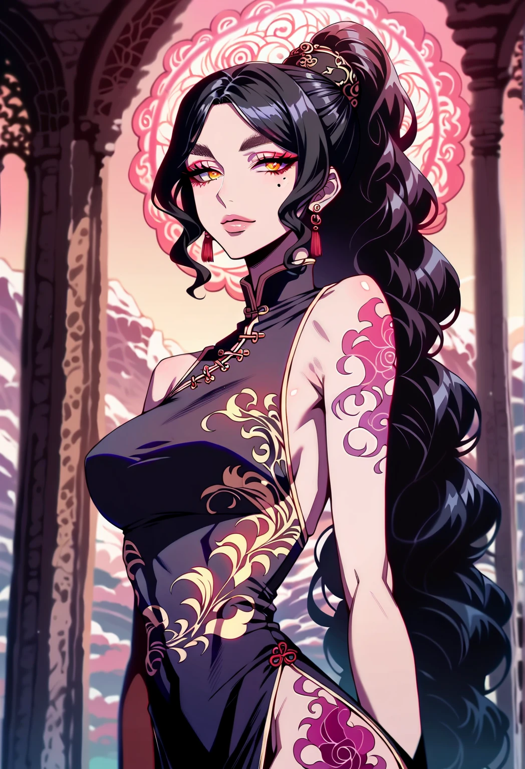 1girl, bad girl, medium breasts, looking at the viewer, pretty girl, villain girl, long black hair with bangs, red lips, emerald green eyes, eyeliner, long eyelashes, lineart, sketchbook.