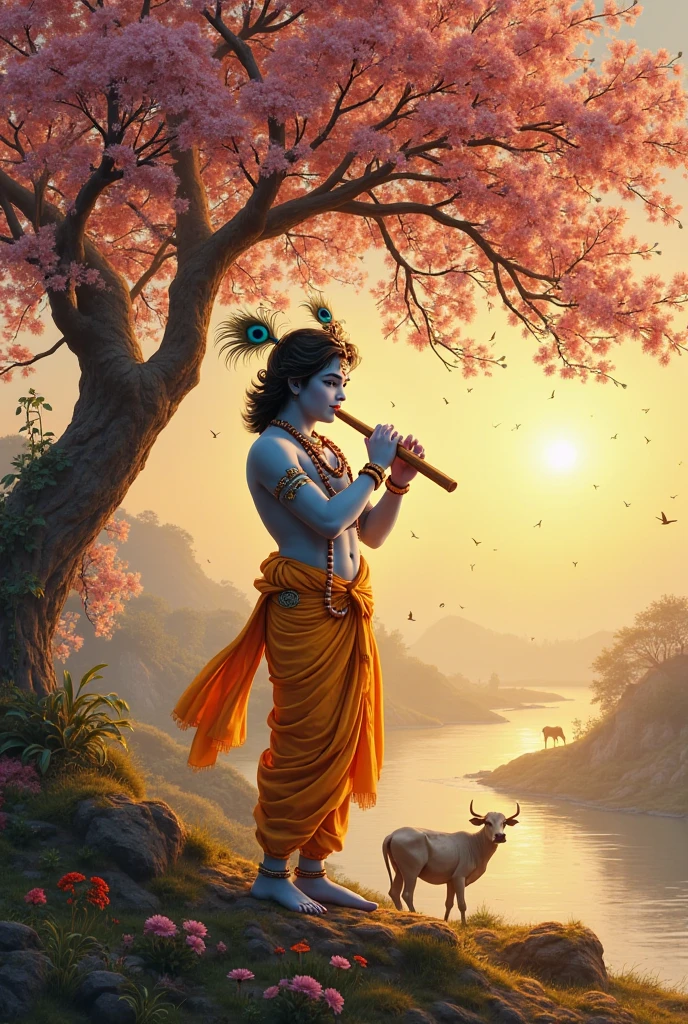 "Create a serene and enchanting scene of Lord Krishna, depicted as a young adult, playing his flute in a peaceful, natural setting. Krishna should have his signature blue skin, dressed in a flowing yellow dhoti, with a peacock feather crown adorning his head. He stands gracefully near the bank of the Yamuna River, under a large, ancient tree with sprawling branches. His posture is relaxed, with one leg crossed in front of the other, and his eyes gently closed as he plays the flute with a blissful expression.
The surroundings should be lush and vibrant, with blooming flowers, green grass, and the calm waters of the Yamuna reflecting the soft hues of the sky. A group of cows and deer are nearby, peacefully grazing and drawn to the divine melody. In the background, distant mountains and forests add depth to the landscape. The atmosphere is bathed in the warm, golden light of the setting sun, casting long shadows and a serene glow over the entire scene. The image should evoke a sense of tranquility, divinity, and the timeless beauty of Krishna's music."
This prompt will help create a peaceful and spiritually uplifting image of Krishna in a serene moment, playing his flute.