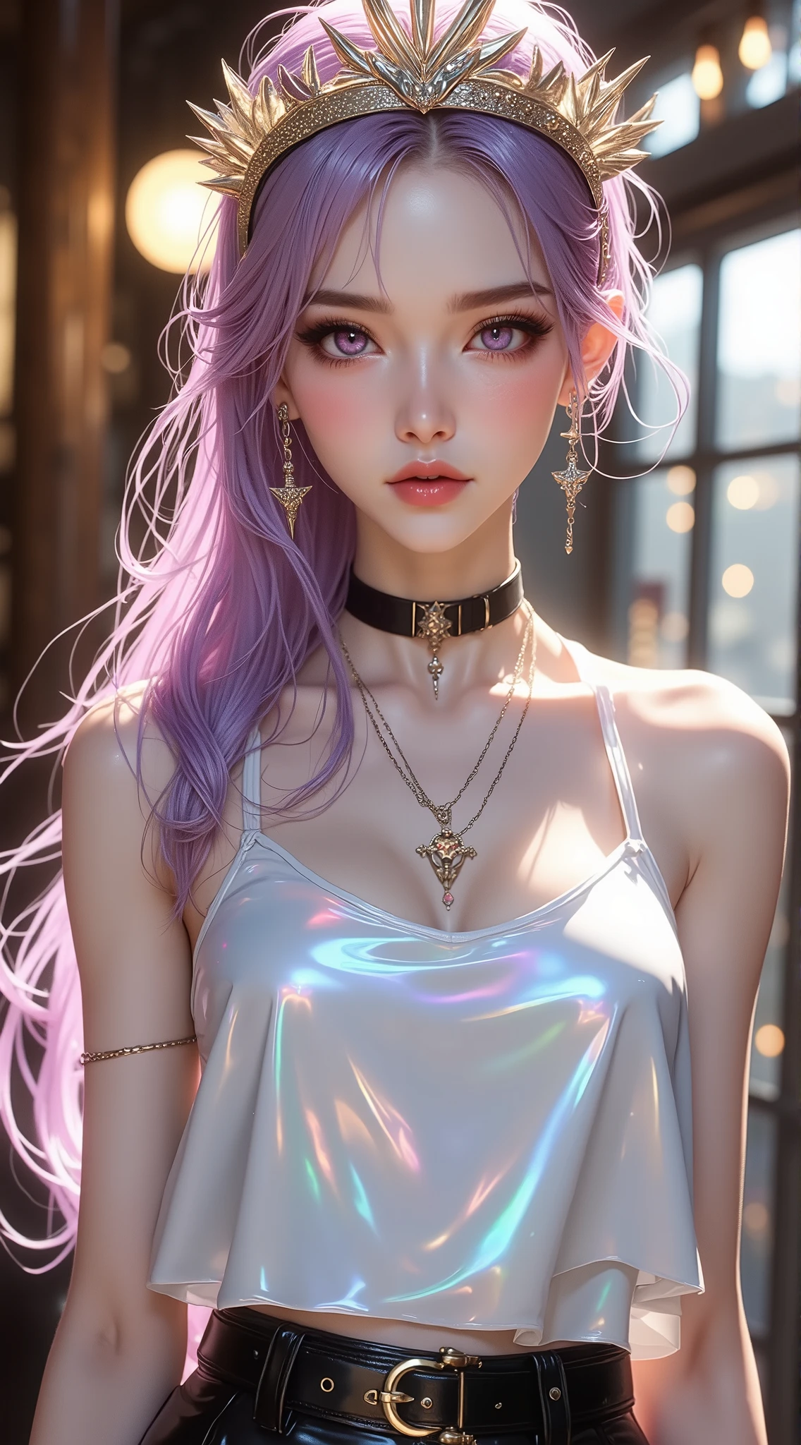 Anime style woman, thin, slender, tattooed, pierced, beautiful shining hair, iridescent eyes, slanted eyes, wavy hair, gentle and attractive, bare shoulders, delicate and sexy collarbone, attractive oval face, double eyelids, pink lips, small nose, focused face, ultra high definition, ultra detail, elegant standing posture, luxury Starry mini dress with ultra-fine frills, Sparkly skin, realistic urban background
