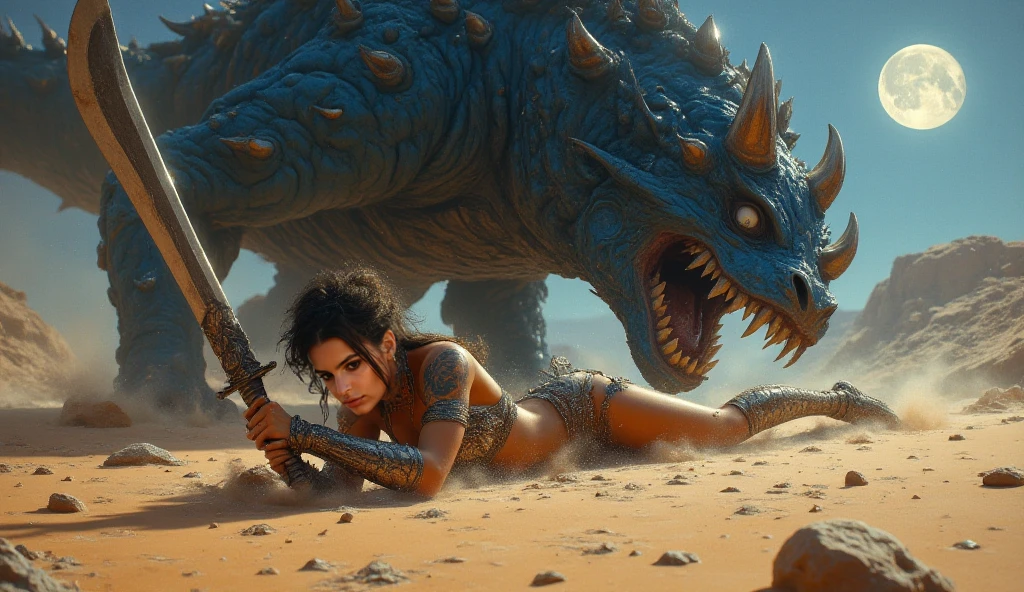 A beautifully detailed painting inspired by classic fantasy artists like Frank Frazetta, Julie Bell, Boris Vallejo, and Brom. An curvy black woman with short black dreadlocks pulled back into a pony tail, wide hips and thick thighs, she is very pretty with a youthful appearance. She wears heavy, orange mechanical power armor covering her chest and arms with large round shoulder pads, accented in fur and rags. The orange paint on the armor is chipped and scratched in various places. The chest plate is thick, covering her upper chest with a high collar and detailed with hoses and vents on the surface. The armor is intricately designed with visible wires, gears, and cables connecting the shoulder pads to the armored gloves, creating a striking contrast against the fur trim on her lower body. Around her waist she wears rugged fur and a skirt of torn dark green cloth, a belt made of rough ropes cinches her waist. The fur and cloth drapes over bare hips, thick, powerful muscular thighs, and legs, blending primal and high-tech elements. Her well-toned abdomen and full, curvy figure emphasize her strength and presence.Her athletic, curvy body is depicted with a strong, confident presence. Show her battling a giant reptile, her feet spread wide, crouched and ready to dodge as the beast rears back, she faces the creature. position the camera low and behind her, capturing the beast that she faces in the background. Her back is to the camera. emphasize the tension and danger of the scene.