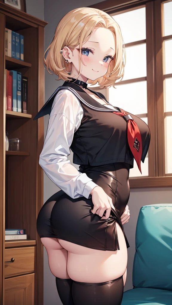 Create an anime girl with a black miniskirt, white underwear black stockings with a white blouse with suspenders, blonde with green eyes, wide hips and big breasts in a luxurious office setting