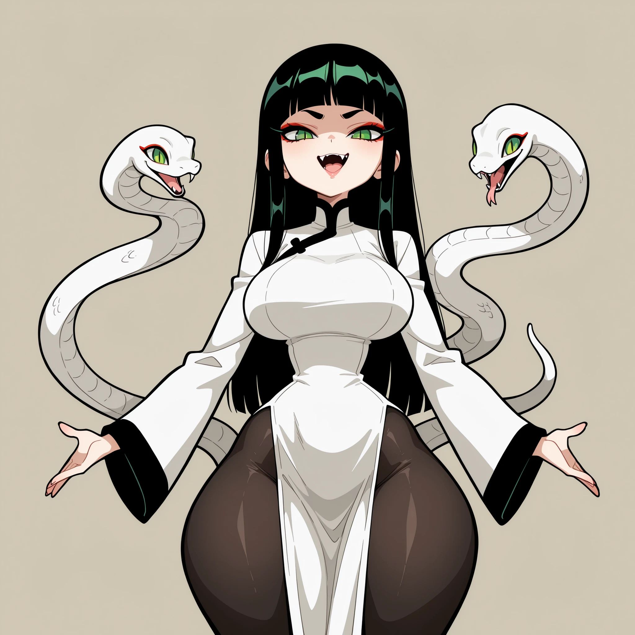 masterpiece, best quality, amazing quality, very aesthetic, absurdres, high res, shiny skin, diives, 1girl, solo, long black hair, blunt bangs, green eyes, slit pupils, makeup, eyeshadow, sharp fangs, full lips, big breasts, narrow waist, wide hips, thick thighs, white qipao dress, long sleeves, jeweler's, black leggings, snakes around body, smirk, open mouth, standing, looking at viewer, simple background, from the front view