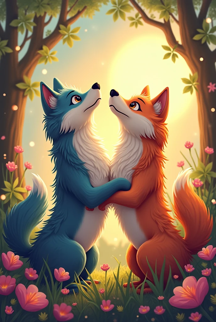 A furry gay couple, One has to be tall and the other short hugging each other, They have to be a furry couple like humans, both of them have to be wolves with human bodies.