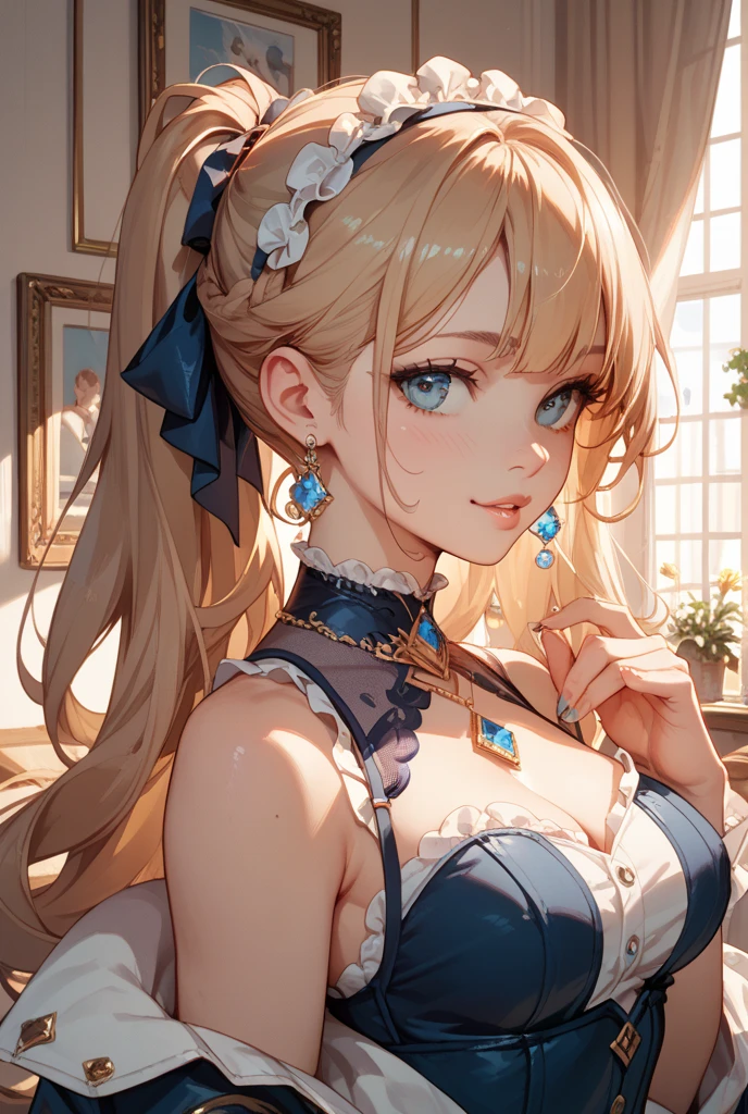 ((highest quality)), ((masterpiece)), (detailed), Perfect Face、In the palace、ponytail、Look back、blonde、Beautiful slitted eyes、Earrings、necklace、Blue Dress、Embarrassing