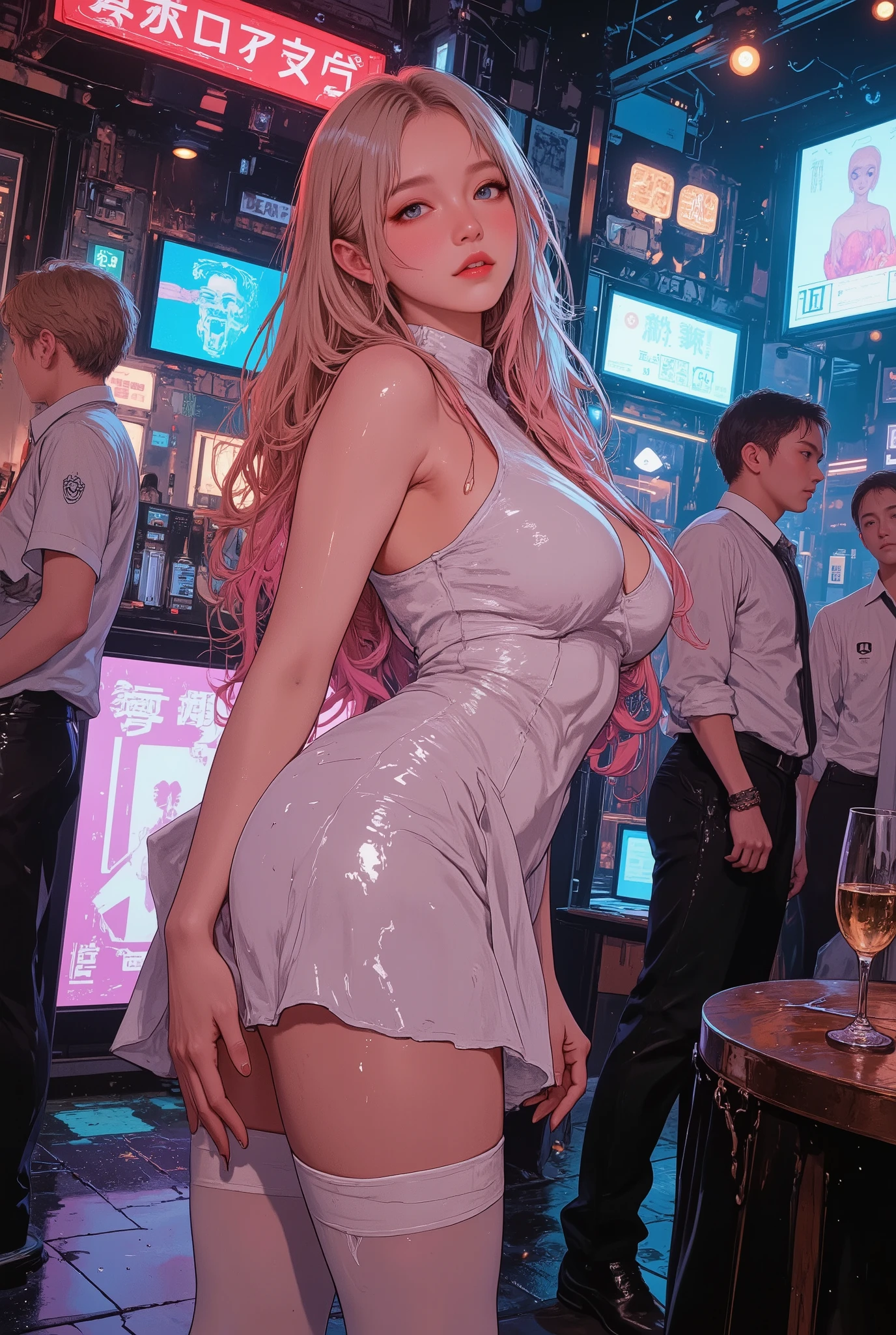 illustration of A stunningly beautiful girl, ,  Princess Zelda, elf girl, pointed ears, blonde hair, long hair, piercing blue eyes, smirk, evil smile, disco dress, microdress, sexy, (cute), (three quarter view), soft lighting, dramatic lighting, volumetric lighting, D-ART Style, night, BREAK standing, detailed modern day nightclub in background, foreground, BREAK looking at viewer, medium saggy breasts, halterneck, plunging neckline, extended downblouse, shiny skin,,she is smiling at the viewer with a mischievous expression, seductive smile, sultry look, smirk