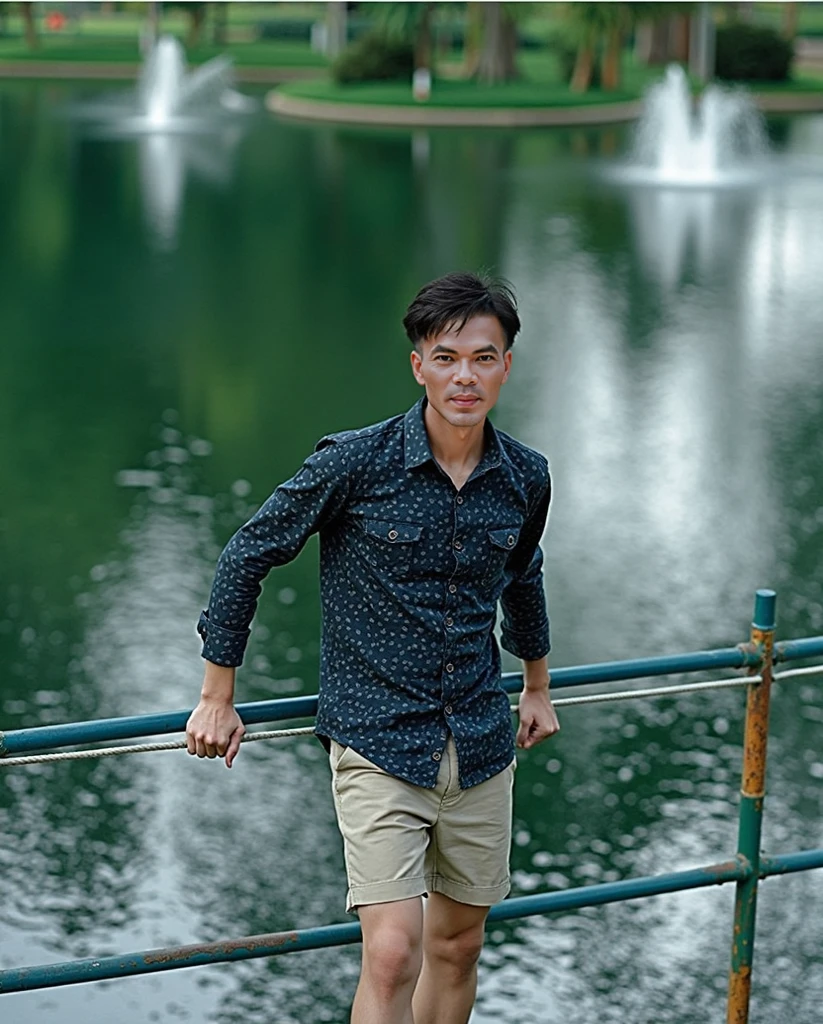young asian man In a gray polo shirt sitting by the canal with a serious expression, looking into the distance Turn your head slightly.,Cloudy day