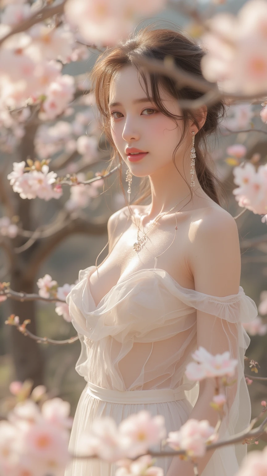 a close up of a woman with a white dress on,Wearing necklaces and earrings, beautiful Korean women, Middle metaverse, Beautiful young Korean woman, flowing sakura silk, cherry blossom, Gorgeous young Korean woman, Ethereal beauty, sakura bloomimg, Sakura Kinomoto, sakura season, Choi Hyun-hwa, Cherry blossoms, seseon yoon