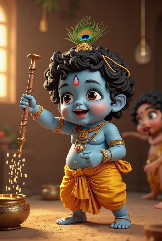 Little lord Krishna with his mischievous smile, eating butter from a pot sitting in Yashoda's lap, blue skin, depth of field, ultra realistic