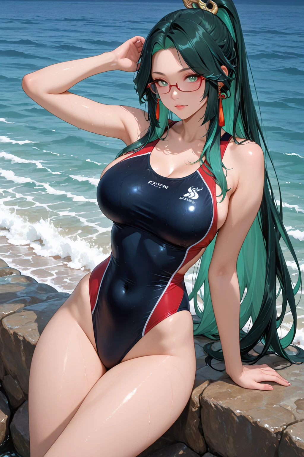 ((best quality)), ((masterpiece)), (detailed), perfect face,  elf, pointy ears, tall, slim, alone, happy, green and Blue hair, braids, athletic, hair over one eye,, abs, beautiful breasts, Wetsuit