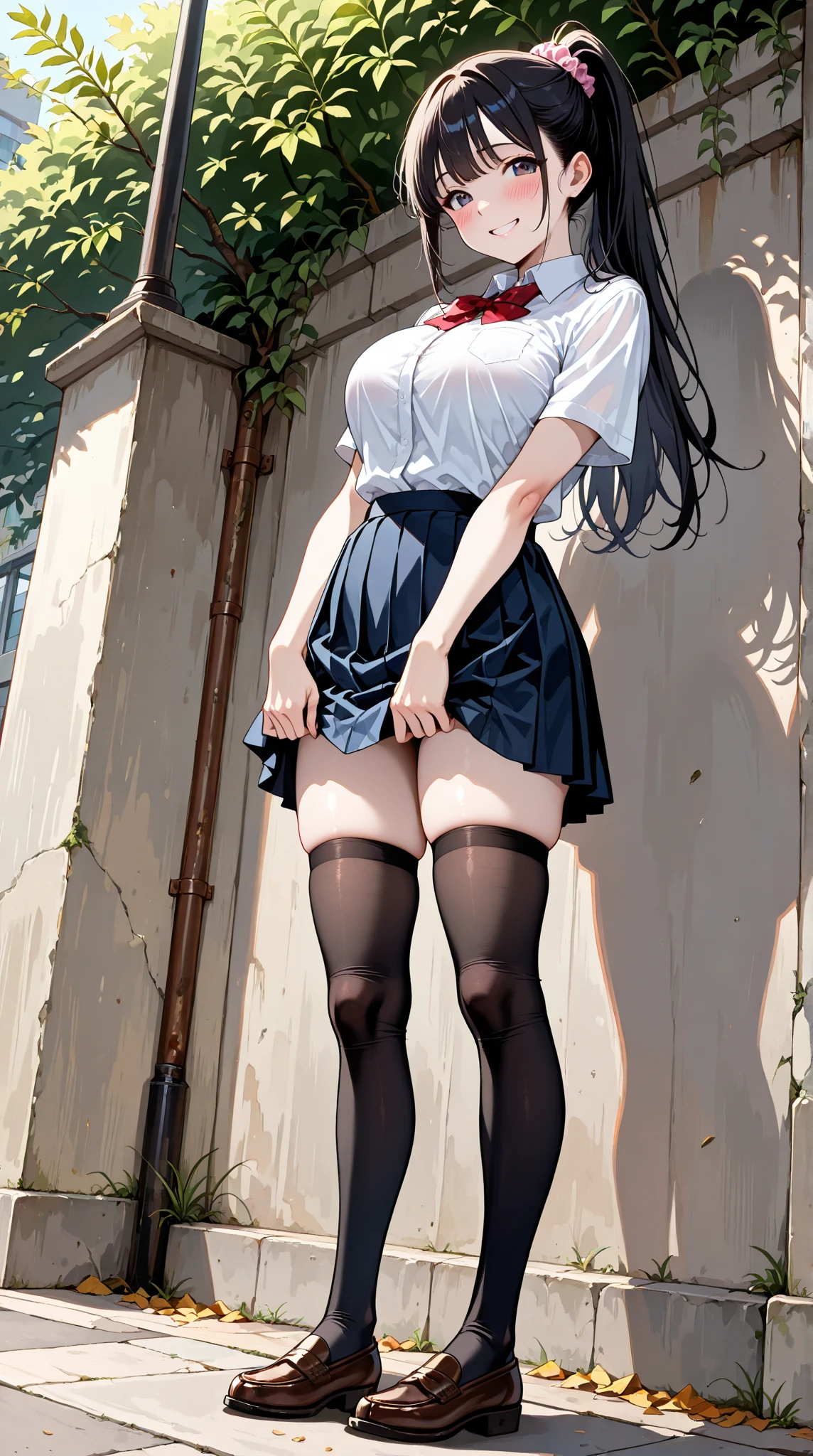 (8k, original photography, best quality,)a girl,18 years old,(long black hair,Qi bangs,thick hair),slim,((The legs are thin and straight)),Jie Kang,Very short plaid skirt,((bare legs,not wearing any socks,exposing ankle)),black leather shoes,(full-body shot),stand by the wall,Lift one leg,charming smile