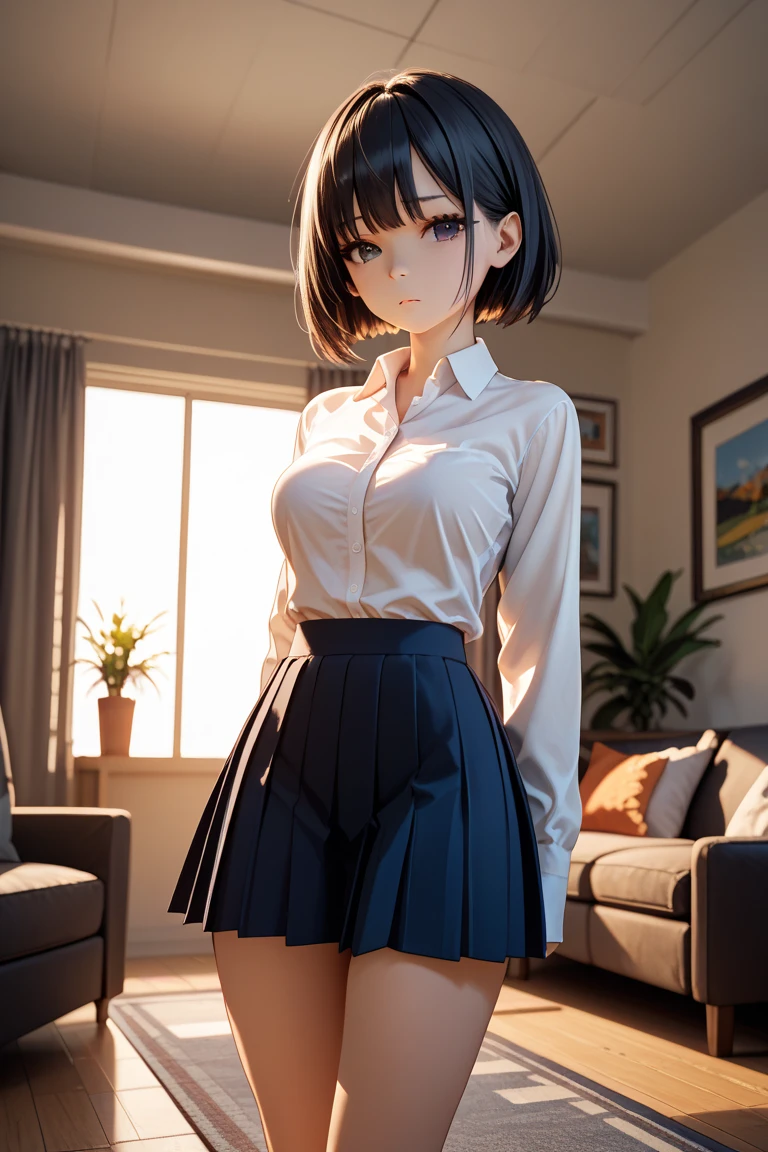 One Girl, short hair,Put your hair on your ears,Black Hair,(smile),Inside the room, summer,bed,Sit down,Upper body naked,5th grade elementary school,skirt,small bulge in the chest,,Look at this,transparent, (masterpiece, Highest quality), Soft Light, Structure of the film, Information like a movie