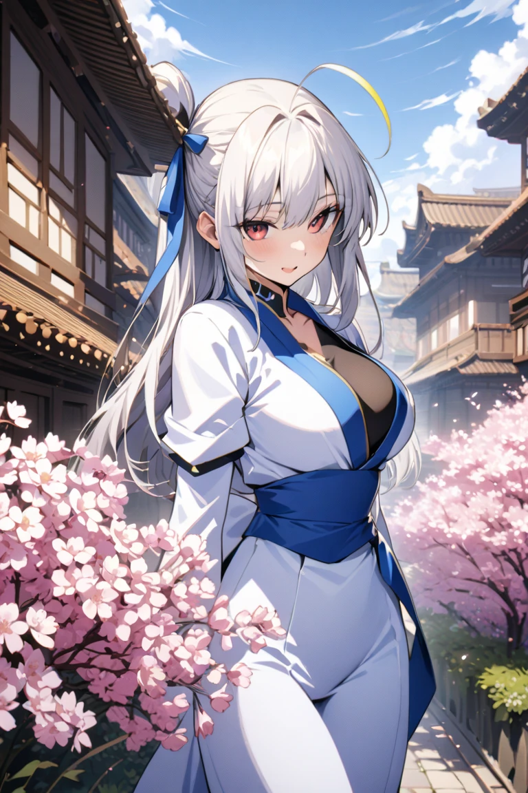 (​masterpiece、top-quality、ultra-detailliert、rays of sunshine、电影灯光)、(Japan Anime、)、(Famous idol girls of Japan、)、(goddess of Japan、shrine maiden、White and red priestess costume、Red Hakama、)、(dishevled hair、white short hair、poneyTail、Cherry Blossom Hair Ornament、hair pin、)、Holding a bamboo broom、Look at viewers、A beautiful face that captivates the viewer、(Background of the precincts、)、Stand on pebbled ground、Floating hair、bending forward、large full breasts、Beautiful breast slip、Shiny skin、the wind、beautifull hands、Beautiful Finger、An elaborate masterpiece、Intricate details、A detailed face、Detailed hair、Detailed red mouth、