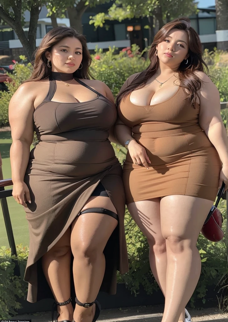 Woman with huge breasts in cleavage walking in the park 