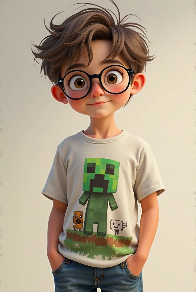 Dark brown-eyed boy with glasses and wavy hair wearing a black sweatshirt with a Minecraft creeper