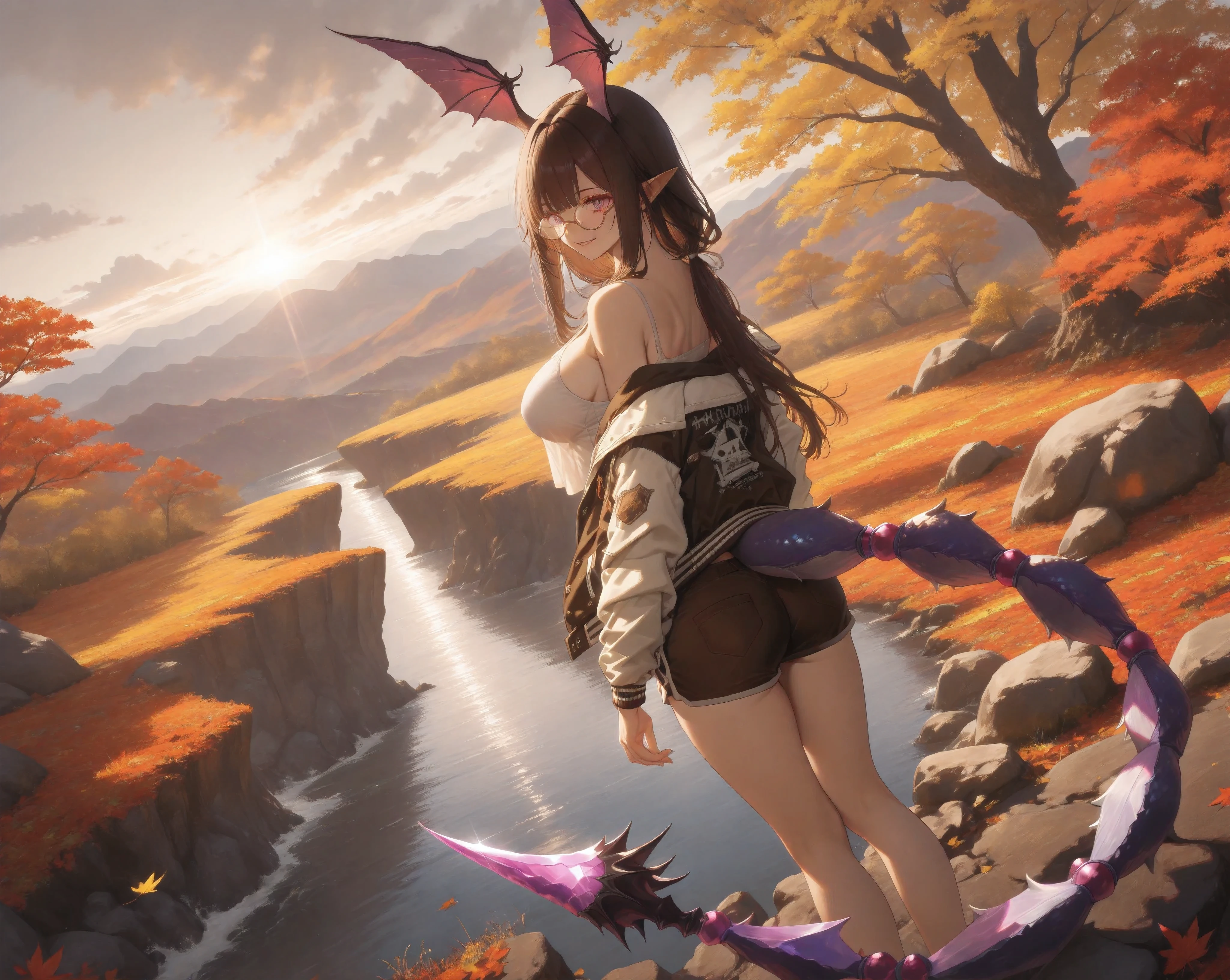 (NSFW:1.1), A Realistic image, extremely sharp focus, crisp details, high resolution, 4K, 8K. (correct anatomy and detailed hand). A wide angle shot, side view, a detailed, high quality rendering of Manticore from Arknights. She wears beautiful, detailed round eyeglasses, she wears a camisole, varsity jacket and shorts. She has a beautiful big breasts. She has a beautiful face details, a beautiful detailed eyes and a real human skin, her expression is happy. She's standing on the edge of a cliff, gazing at the mountain in the distance. Rainy, autumn, dramatic cold soft light casting soft natural shadows, cold and warm color pallete. the background has highest detail, detailed background and depth of field.