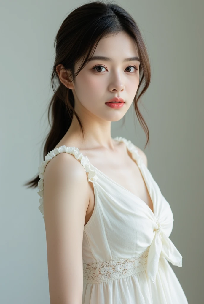 Highest quality、Photographed in natural light、Highly realistic photos、Detailed beautiful face、Large Breasts、Japanese women、profile、One person、30-year-old female、Summer clothes、White dress、Half Up Hair、Don't look at the camera、indoor、In front of a white wall、Big Breasts,Chain earrings、whole body、Glossy lips