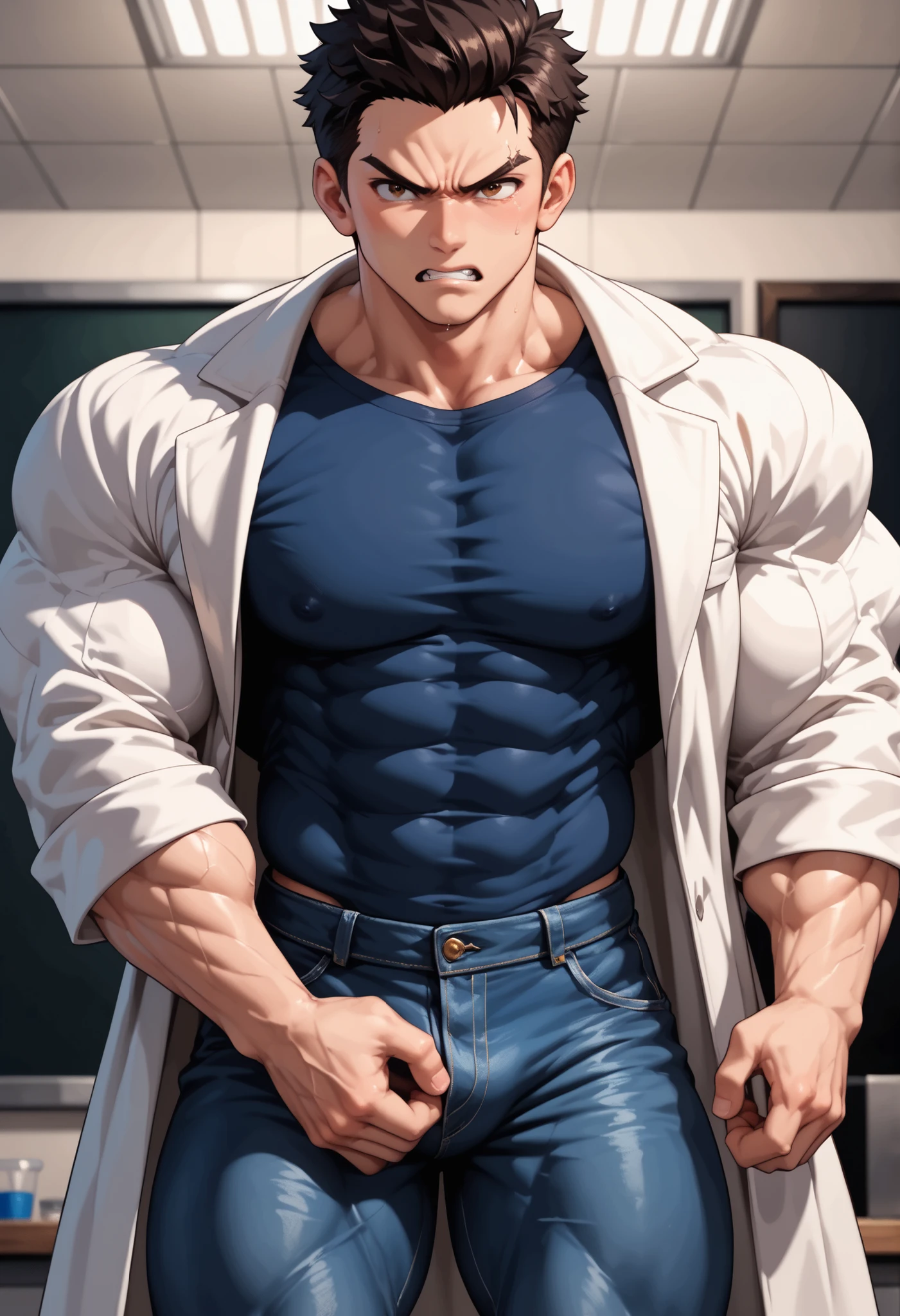 um close up de um homem oriental com uma camisa posando para uma foto, magro, mas musculoso, Rasgado, Bowed muscles;, magro e musculoso, slender and muscular build, muscular build, tipo de corpo muscular, exaggerated muscle physique, corpos musculares, Perfeito, com abdominais, corpo musculoso, corpo atraente, forte e musculoso, super buff e cool, sporty physique