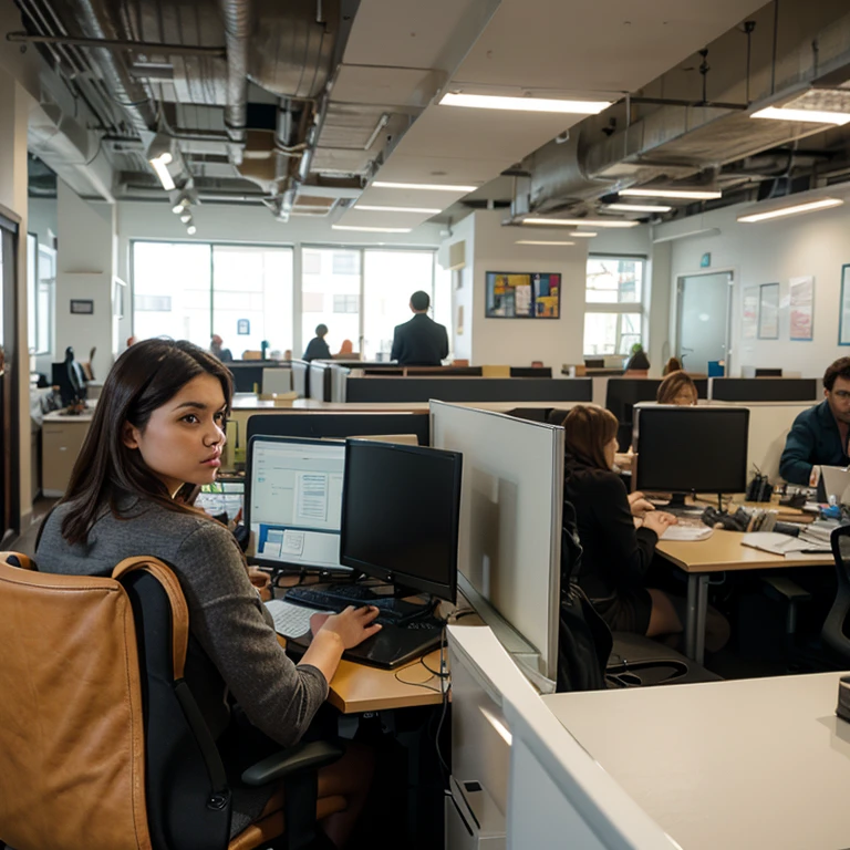 Isometric view of modern chic office with desks and computers, Woman and man working with data analytics
