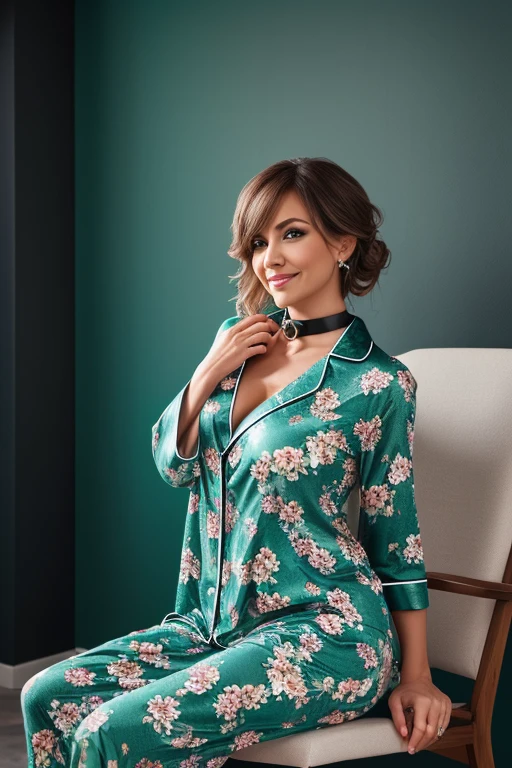 a full body of a woman, beautiful face, perfect skin, small breasts, happy smile, brown hair, elegant green and white robe, glasses, flowers in the background, sitting on a bed, sexy look, sexy body, sexy girl, full body photo shoot, sexy pose, sexy look at the camera, very sexy, revealing outfit