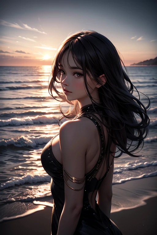 Create a stunning, realistic image of a gorgeous anime girl at the beach during sunset. Her long blonde hair flows down her back, shimmering in the soft glow of the setting sun. Her striking blue eyes have a gentle, luminescent quality, reflecting the warm hues of the evening light. The girl is wearing a bikini that accentuates her curvy figure, with droplets of water clinging to her skin, hinting at a recent swim. Her shy but inviting smile, coupled with a delicate blush on her cheeks, exudes warmth and playfulness. The scene is set against a breathtaking backdrop of a dusky sky painted in shades of orange and pink. The beach is bathed in golden light, with the sand beneath her feet slightly damp from the retreating waves. She stands close to the water's edge, where gentle waves lap at her toes. Her relaxed posture radiates quiet confidence, creating a serene yet subtly alluring atmosphere. The overall scene is infused with tranquility, as the long shadows of dusk and the soft, romantic glow of the sunset create a dreamlike ambiance.