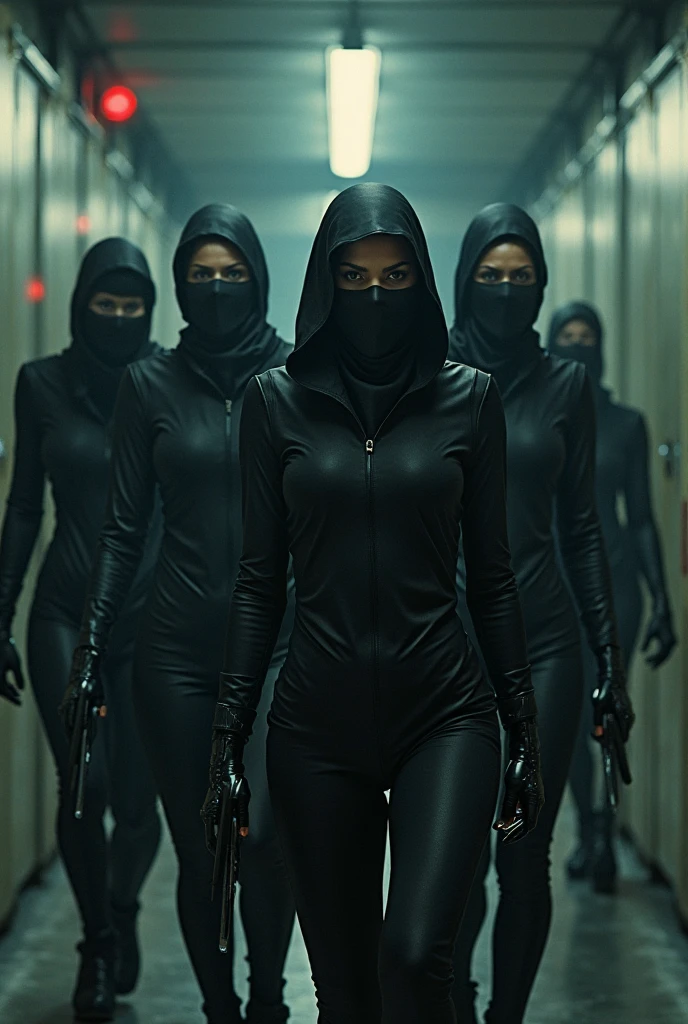 A team of 6 women wearing balaclavas who take hostages with their scythe weapons who rob a large jewelry store with bags of jewelry and hostages