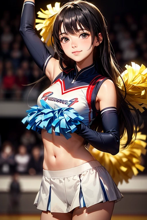 ((highest quality)), ((masterpiece)), (Very detailed), (Very high resolution), ((Realistic)), 8k, Perfect Line Drawing, Beautiful line art,
Anime 2D Rendering, (The best CG), Ultra-detailed art,
One Girl:1.5,
Symmetrical facial features:1.4, Perfect Face, Beautiful clavicle, Beautiful fingers, Beautiful breasts, (Slightly smaller chest),
Beautiful body, Beautiful thighs, Beautiful feet, Perfect round butt, (Detailed skin), (Shiny skin:1.2, Beautiful white skin:1.4),
BREAK Baby Face, cute, 18-year-old,
Double eyelids, Natural eyebrows,
(Expression of fine eyes, Beautiful and delicate eyes, twinkle in the eyes, blue eyes),
Glossy mouth,
Beautiful Hair, Shiny Hair, Hair fluttering, (Purple Hair, blunt bangs, Straight Long Hair),
BREAK
(Cheerleader Outfits:1.4)、Earrings、
BREAK
(Enchanting、Embarrassed expression、Laughing expression), (look back、Look up here)