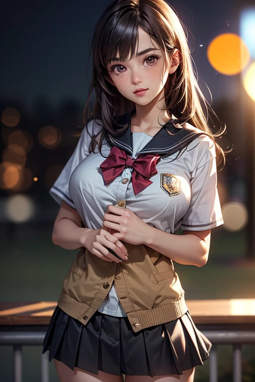 ((2girls)), ((Best Quality)), (Ultra-detailed), (extremely detailed CG unified 8k wallpaper), Highly detailed, High-definition raw color photos, Professional Photography, Brown hair, Amazing face and eyes, Pink eyes, (hi-school uniform, pleated mini skirt:1.3), (hi-school uniform with wide open breasts:1.35), (beautiful big breasts), )(bare breasts)), (amazingly beautiful girl), (((Bokeh))), depth of fields,