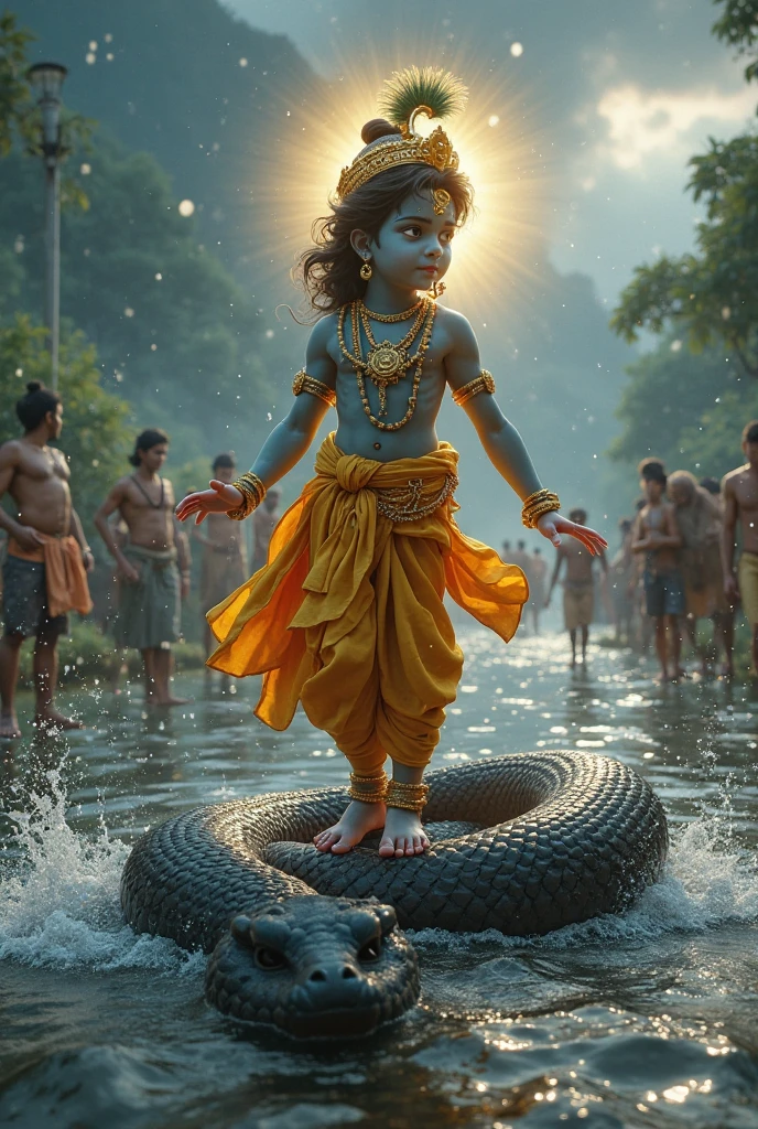 Boy lifting ganesh with hands under water with red clothes
