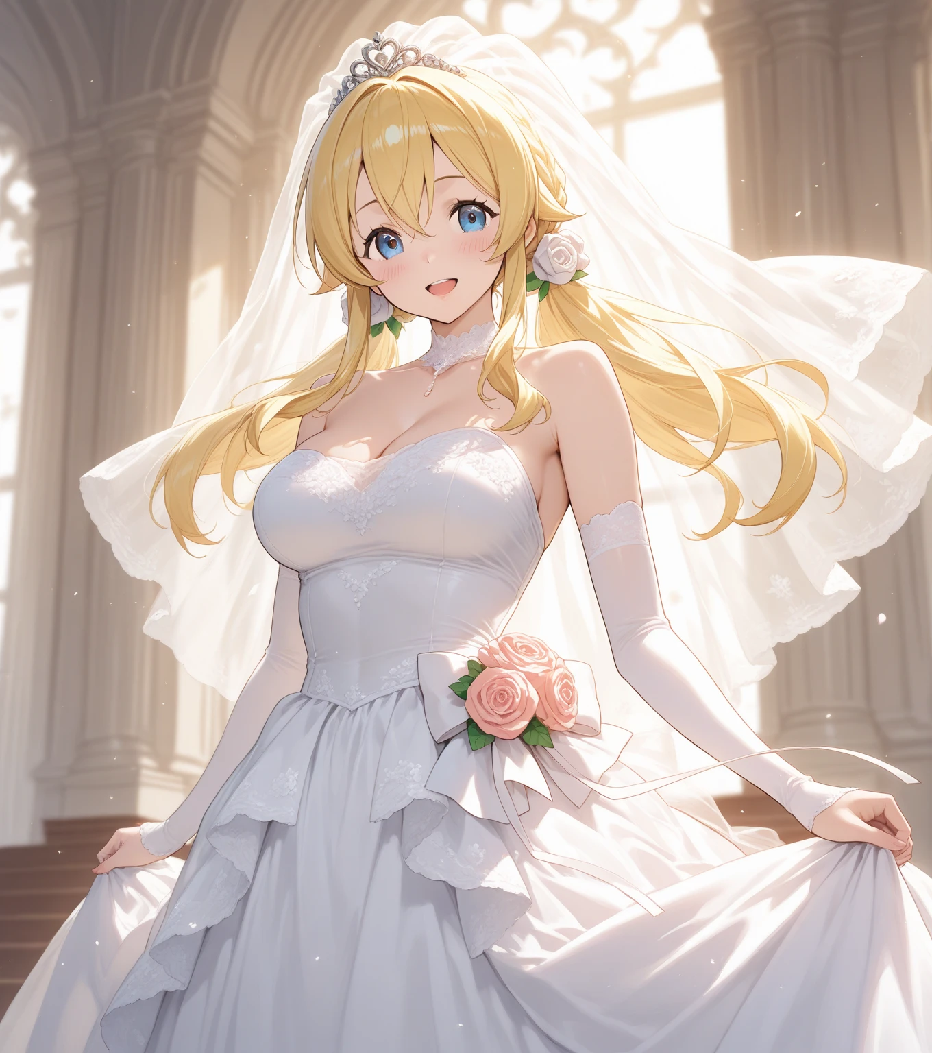 masterpiece, best quality, highres, aamaki, long hair, antenna hair, hair beads, headphones, wedding dress, white dress, garden, smile, tears, upper body,