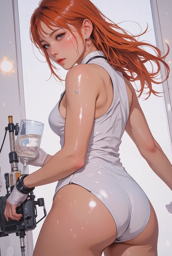 huge breasts, translucent clothes, red hair, twisted braids, makima (chainsaw man), (oily skin), (oily skin), (8k, RAW photo, best quality, masterpiece: 1.6), (realistic, photo-realistic: 1.37), st. louis \(luxury wheels) \(azur lane\), 1girl, (Kpop idol), (aegyo sal:1), hair accessory, portrait, (long loose silver exposed dress: 1.9), necklace, blue nails, cute, cityscape, night, rain, wet, professional lighting, photon mapping, radiosity, physically based rendering,