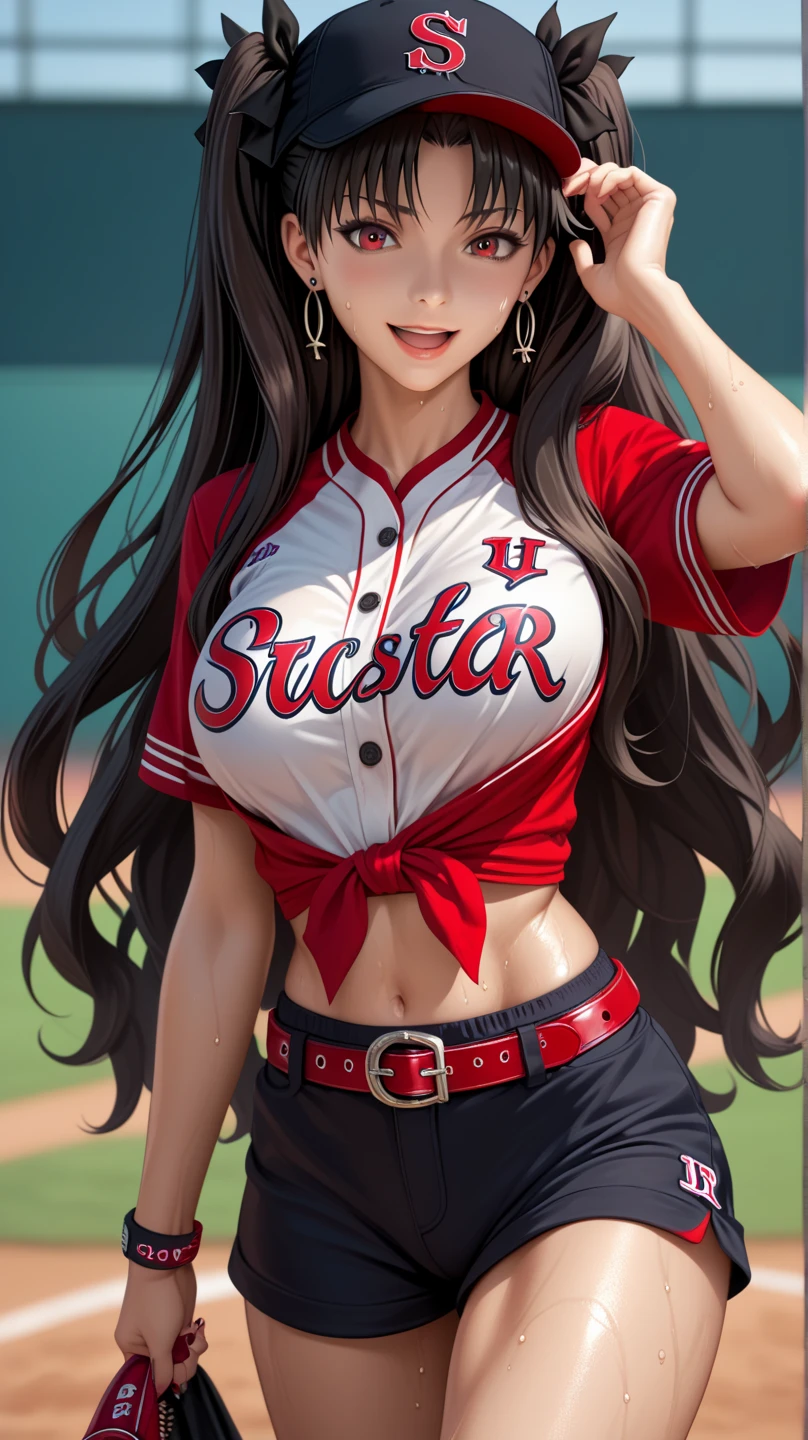 long hair, black hair, bangs, ponytail, beautiful, beautiful woman, perfect body, perfect breasts, huge breasts, wearing black softball uniform, wearing a black softball hat, white softball pants, on the softball field, holding a softball, looking at viewer, slight smile, realism, masterpiece, textured skin, super detail, high detail, high quality, best quality, 1080p, 16k