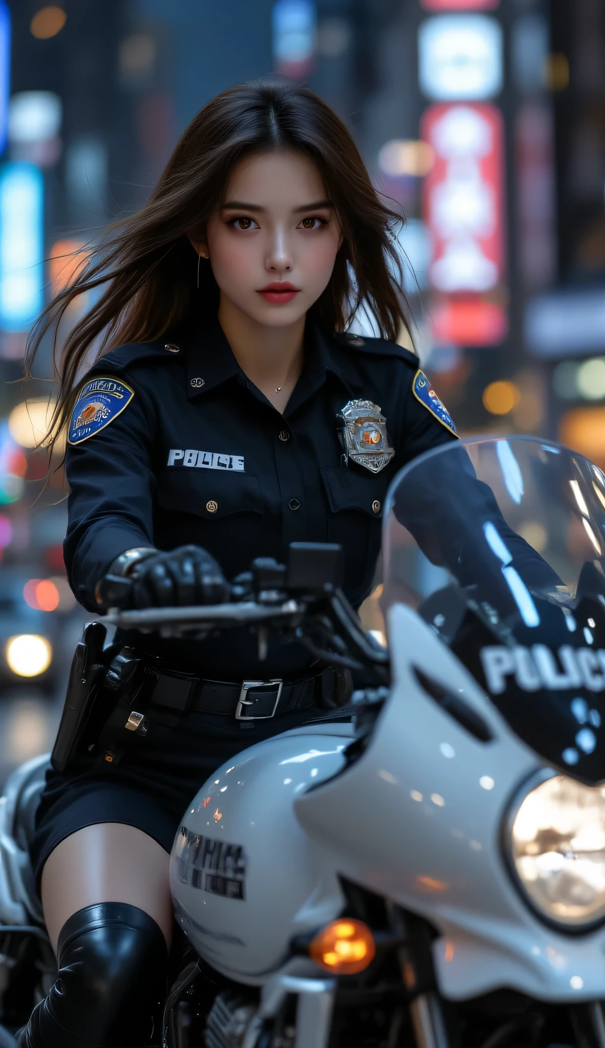 one female, (Police motorbike), ((Highest quality)), ((masterpiece)), (detailed), ((very detailed face)), High resolution photograph, full body portrait, slim face, pretty woman, (dark brown long hair), brown eyes, detail eyes, double eyelids, (Beautiful Delicate Eyes and Lips), Good light, (A female police officer in her 30s wearing a New York City police uniform, with a police belt that has a gun holster), (She is wearing a miniskirt and black long boots), (She sprints through the Manhattan skyline on the latest white American police motorcycle at night, The motorcycle is equipped with a windshield and rotating lights), ((The characters "POLICE" are written in white on the windshield)), (her long hair is blowing in the wind), ((Place both feet on the bike's step)),(Capture the person and the bike in full view),