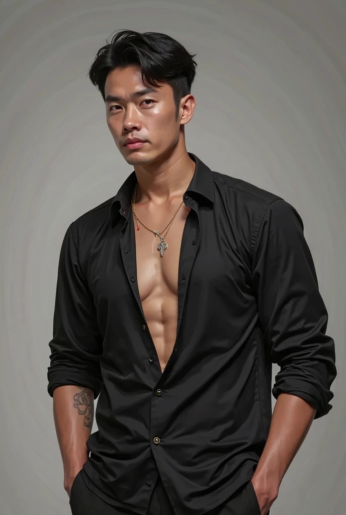 1 man, Southeast Asian, age 20, perfect face, short black hair, sharp eyes, firm eyes, sharp nose, beautiful lips, perfect body, pale white skin, natural muscles, whole body, dashing, broad chest, abdominal muscles, wearing a shirt , accurate jewelry, necklaces, bracelets, trousers are slightly damaged at the knees, photo models, pose models, clothing fashions, stage walking models,
