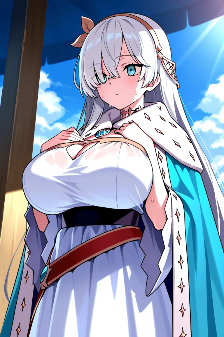 1girl, (Obra maestra:1.3), (High resolution), (8k), (extremadamente detallado), (4k), (Pixiv), Cara perfecta, Ojos y cara bonitos, (La mejor calidad), (Super detailed), Cara y ojos detallados, (solamente), piel texturizada, absurdos, Altas Resoluciones, wz_Schmidt_no_helar_estilo, wz_Schmidt_no_helar_estilo, colas gemelas, Pelo muy largo, cabello plateado, orejas puntiagudas, Once, Capelet blanco, ojos verdes, pantimedias negras, Pendientes, falda blanca, beltt, Mangas blancas, Pov, SOnceie, luz, They are smiling, rayos de luz, luz del sol, mariposa, Hierba, Calle de piedra, big tits, tits, half naked, tetas semidesnudas, nude tits, touching her tits, shy