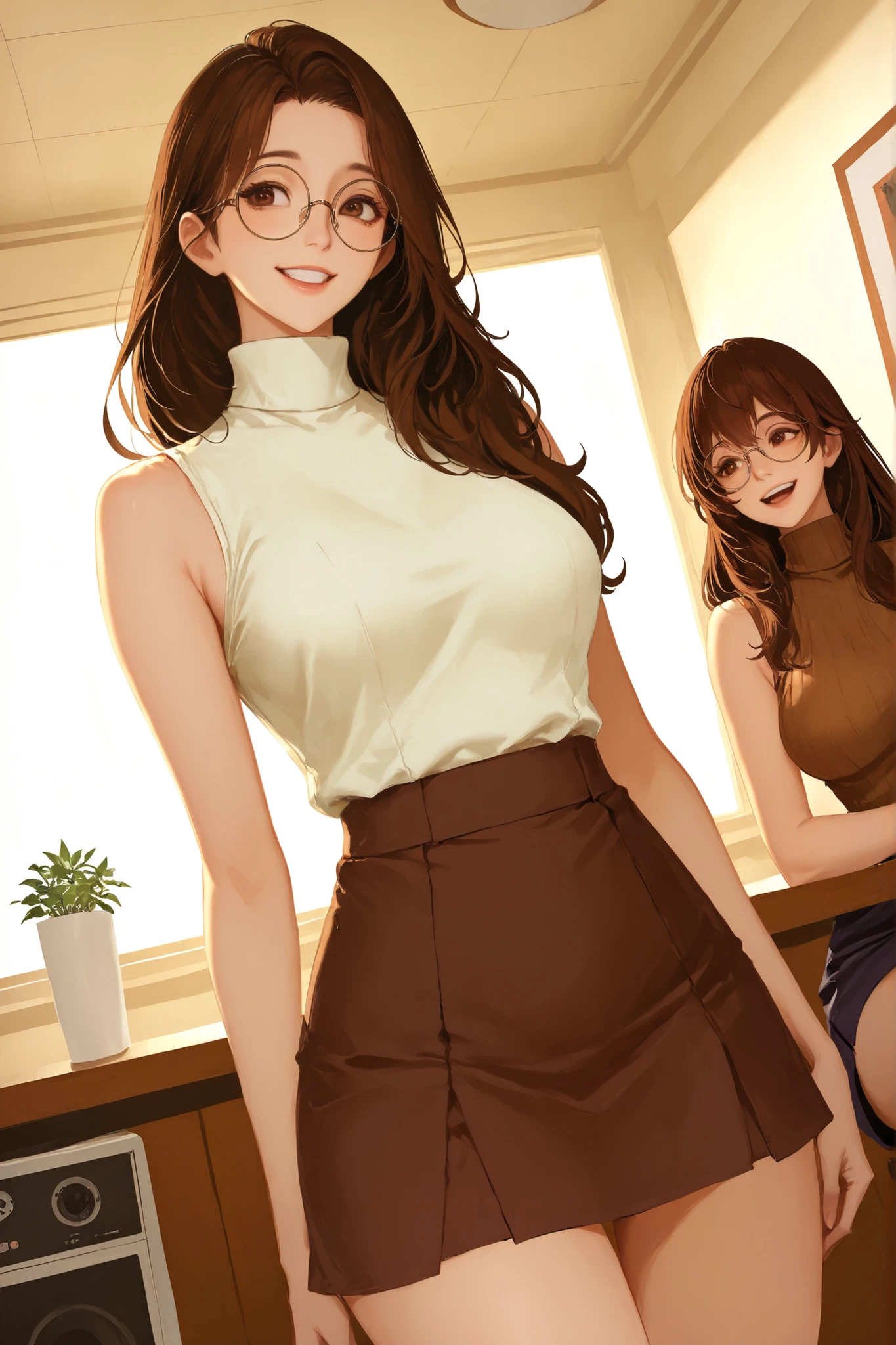 narunarusegawa, naru narusegawa, Long hair, brown hair, pelo de antena, brown eyes,
skirt, sleeveless, miniskirt, turtleneck, sleeveless turtleneck, round glasses
indoors,
looking at the spectator, smiling, Dutch Angle, gunman