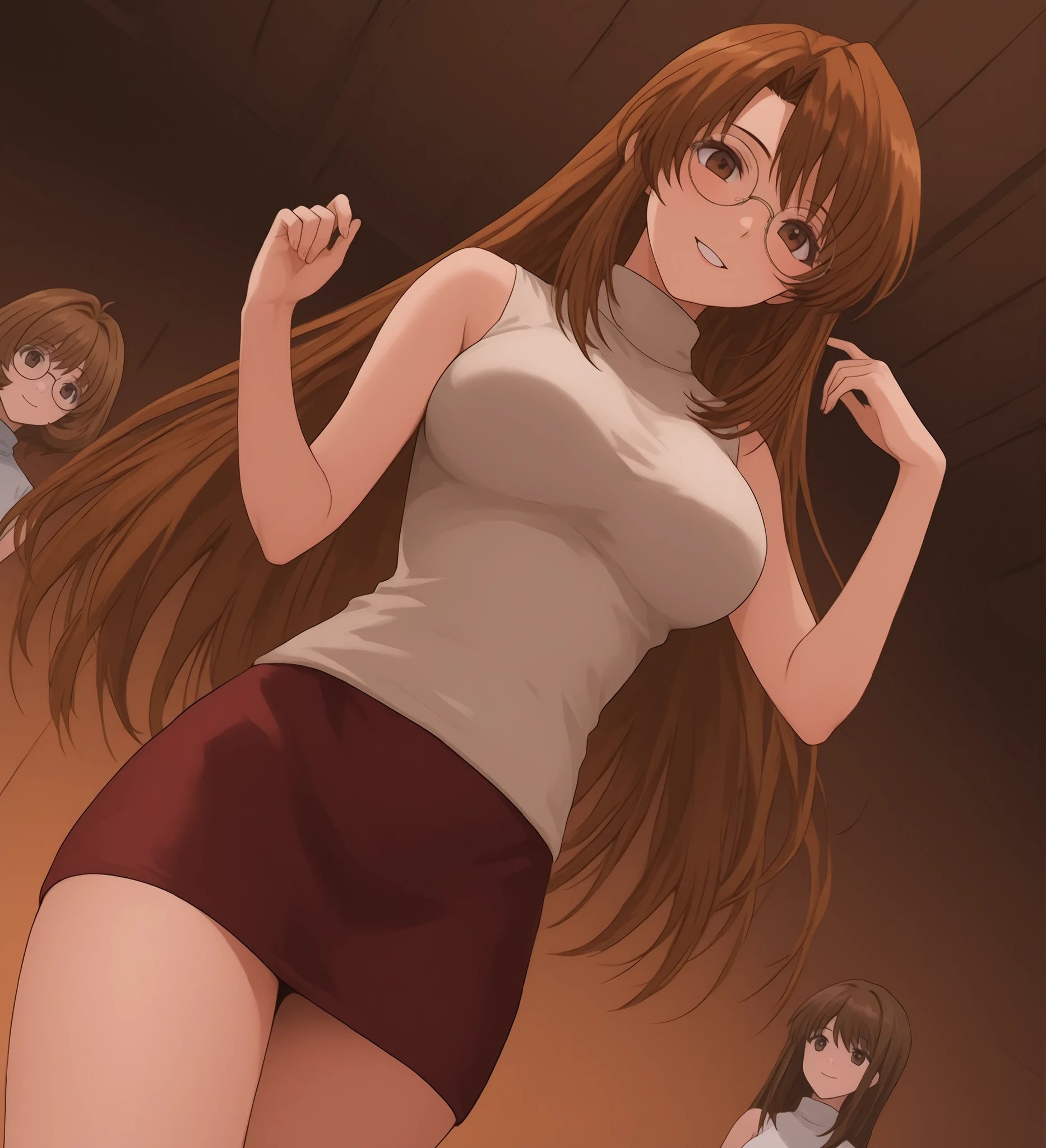 narunarusegawa, naru narusegawa, Long hair, brown hair, pelo de antena, brown eyes,
skirt, sleeveless, miniskirt, turtleneck, sleeveless turtleneck, round glasses
indoors,
looking at the spectator, smiling, Dutch Angle, gunman