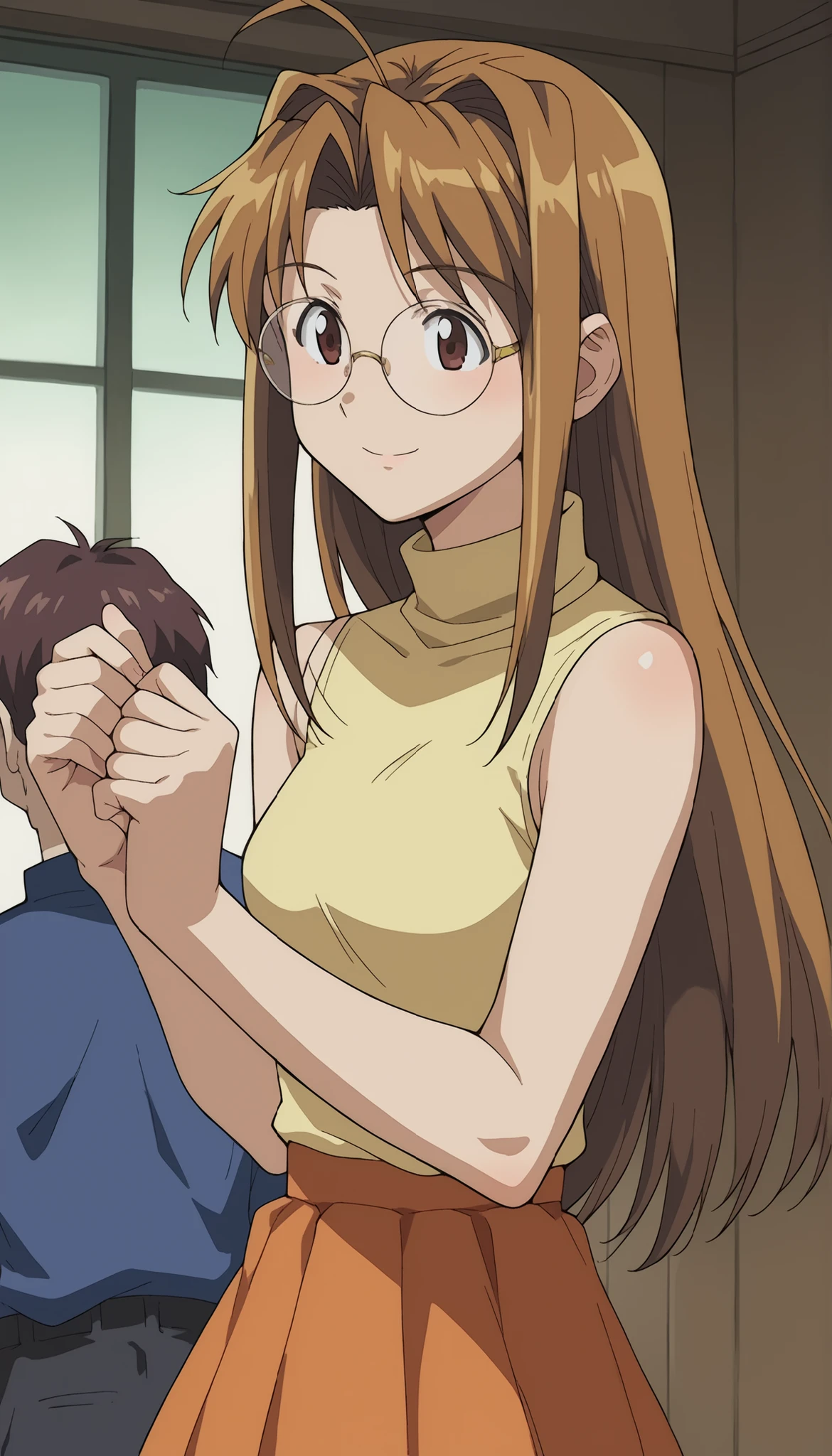 narunarusegawa, naru narusegawa, Long hair, brown hair, pelo de antena, brown eyes,
skirt, sleeveless, miniskirt, turtleneck, sleeveless turtleneck, round glasses
indoors,
looking at the spectator, smiling, Dutch Angle, gunman