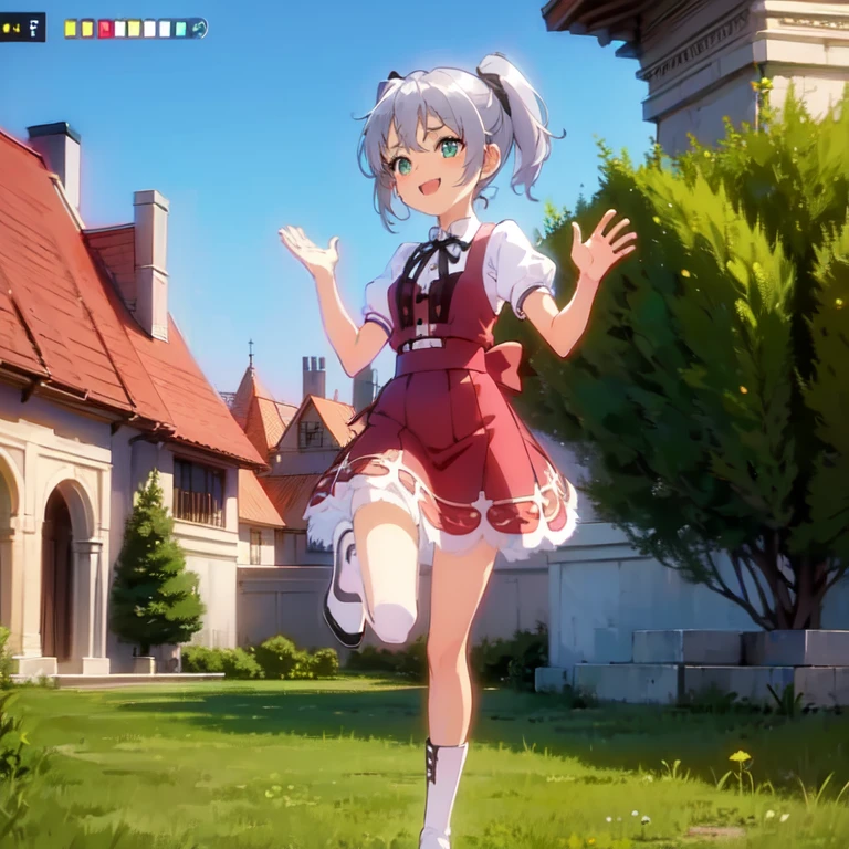 (masterpiece, best quality:1.2), solo, 1girl, striveelphelt, :d, teeth, looking at viewer, waving, ahoge, hairband, jacket, dress, fingerless gloves, thighhighs, spiked collar, spiked bracelet, outdoors, (2heads:1.5)