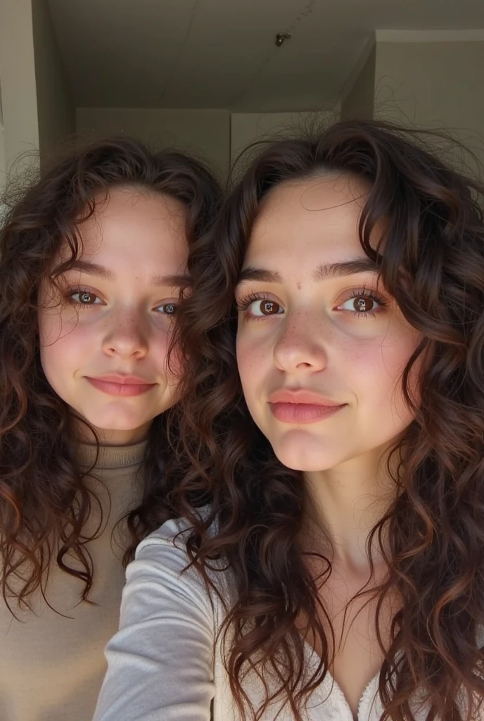 16-year-old girl with white skin, light brown curly hair with slightly yellowish hair tips, green eyes and a cyst near her mouth on the right side. --auto