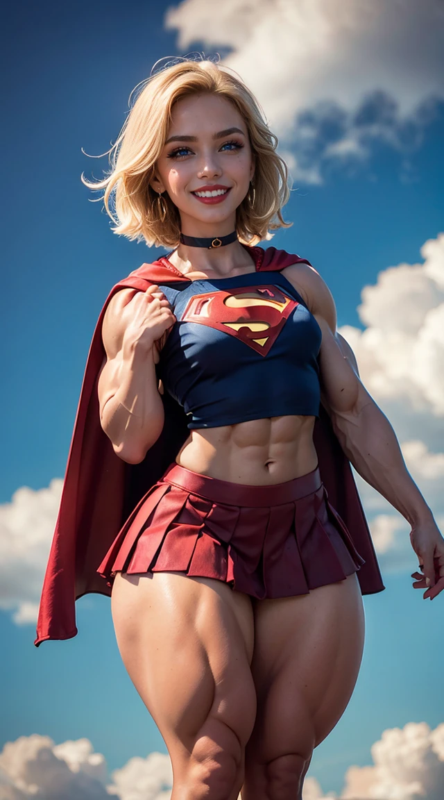 (Muscular:2), (thick thighs:2),
(blonde female:1.3), supergirl, (big smile:1.4), (android 18 haircut),
earrings, lipstick, eyeshadow,
(hard nipples:1.2),
(small red cape:1.3), (pleated skirt:1.4), (tanktop, midriff:1.2), choker,
(looking at viewer:1.6), (three quarter view), (upper body view:1.9), (hand behind head:1.5),
(floating in midair, sky and clouds background:1.3), rim lighting, two tone lighting, dim lighting, bokeh, detailed skin, detailed eyes