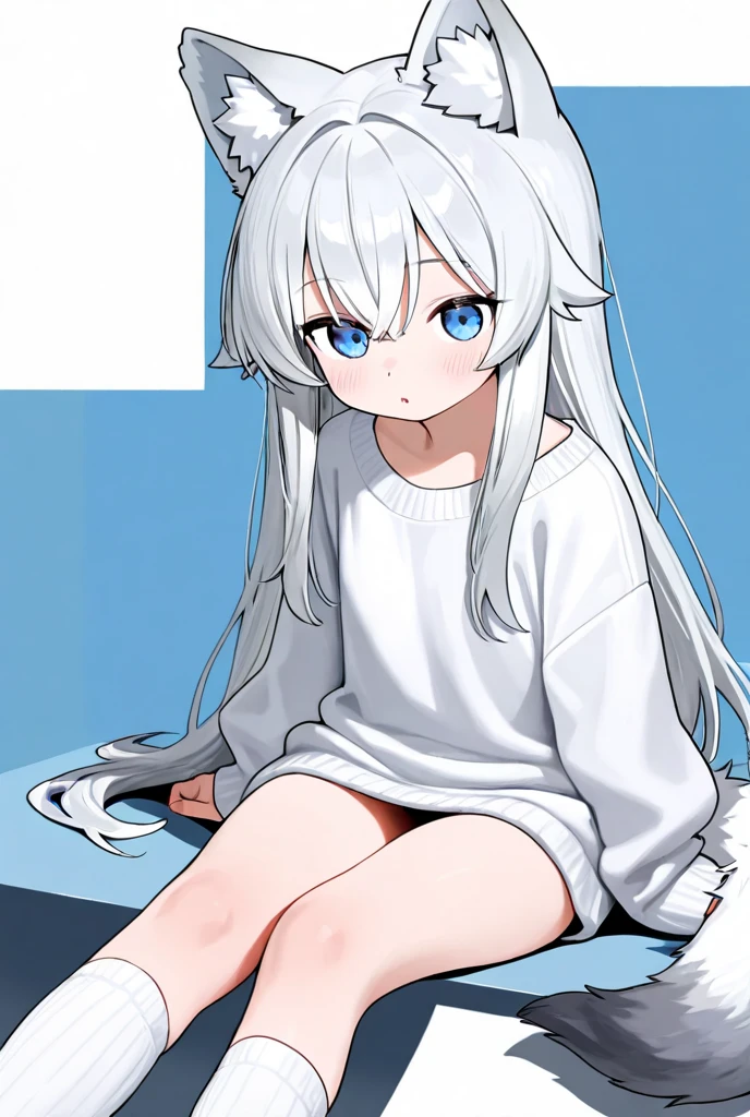 masterpiece, best quality, high resolution, highly detailed, detailed background, 1girl, solo, flat chest, pale skin, blue eyes, ahoge, white hair, absurdly long hair, rifle, expressionless eyes, cute, kawaii, sweater, indoors, living room, sofa, bokeh, light particles, shorts, table, sweets, chibi, holding knees, hands on knees, pillow