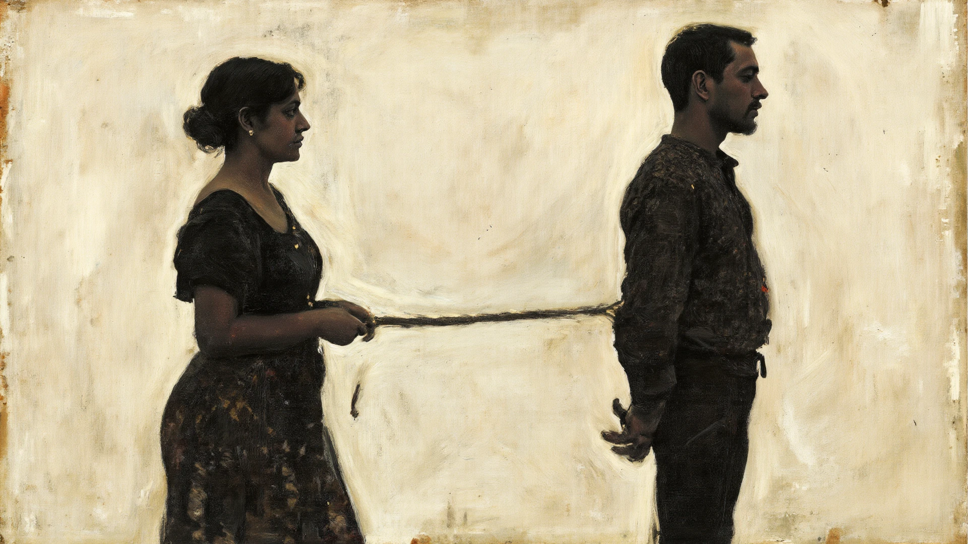 A woman leaning on a man's rod.