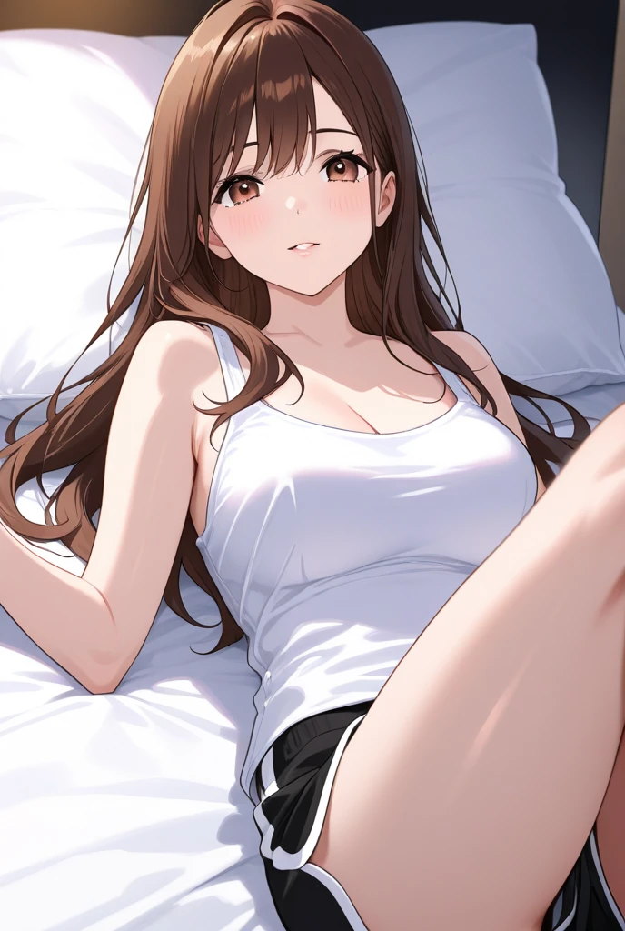 slender, mature female,1girl, rating:safe, armpits, solo, v, lips, sitting, brown_hair, breasts, looking_at_viewer, barefoot, blurry, chair, smile, long_hair,on_back, arms_up, depth_of_field, lying, brown_eyes, cleavage, camisole, bangs, closed_mouth, collarbone, nose, legs_up, legs, blue_eyes, medium_breasts, black_eyes, bare_shoulders, arm_up, sunlight