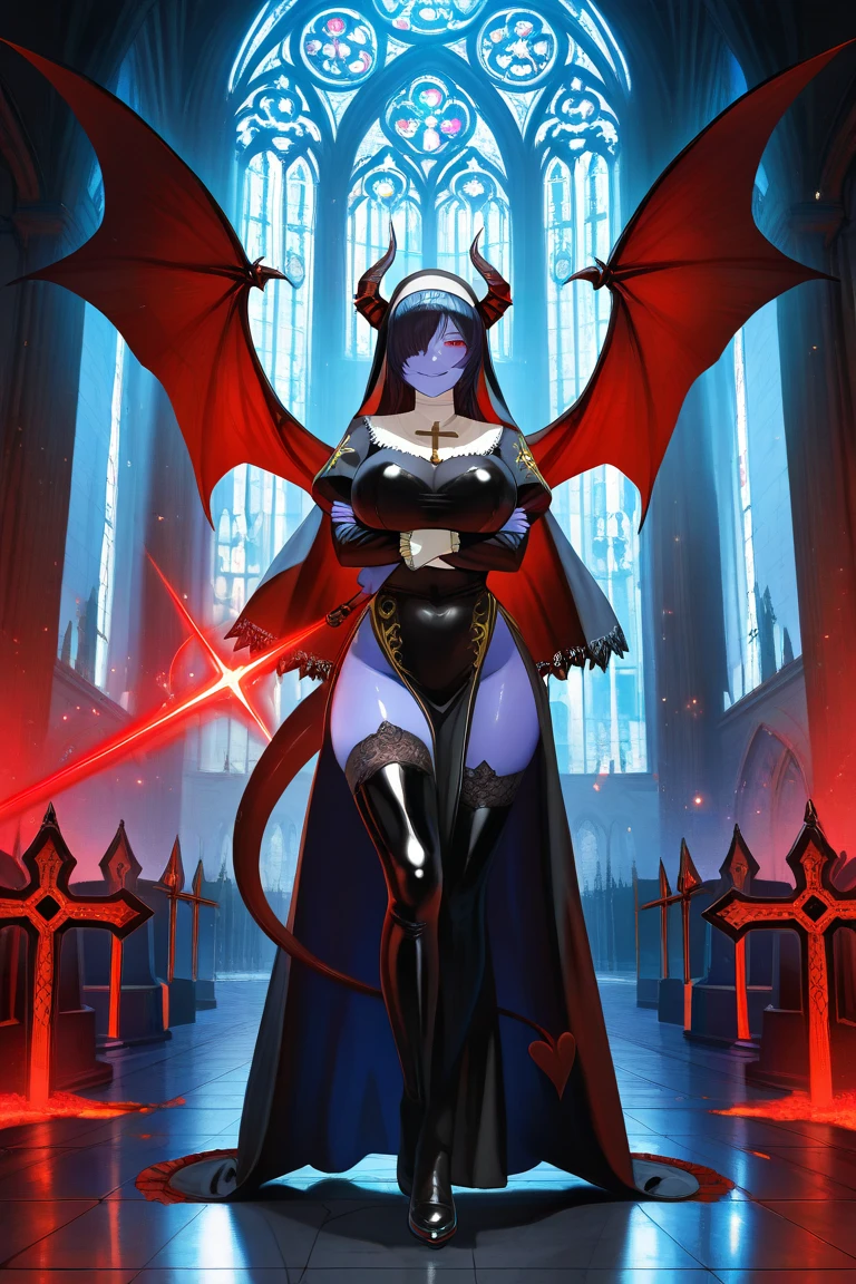 (masterpiece, top quality, best quality, official art, beautiful and aesthetic:1.2), (1girl:1.3), (black hair in big (ponytail)), extremely detailed, portrait, looking at viewer, solo, (full body:0.6), detailed background, close up, (hot medieval church theme:1.1), Tiefling, female, horns, tail, wings, long hair, tail, black hair, dragon girl, dragon horns, blood, scales, dragon wings, (((red skin), colored skin)), extremely busty Tiefling, charlatan, wicked grin, sultry smirk, forked tongue, mysterious, seducing in a cathedral, black ram horns, curled horns, curved horns, demon horns, skimpy leather (sports bra), sleeveless, fingerless gloves, claws, shotgun, ammo belt, shotgun shells, black leather, thong, thigh-high boots, bracers, boots, buckles, straps, ((((gigantic breasts, cleavage, skindentation)))), cute belly button, trim tummy, slim waist, slim hips, long legs, athletic, stained glass windows, candlelight, Medieval Europe, (Cathedral exterior:1.1) background, dark mysterious lighting, shadows, magical atmosphere, dutch angle