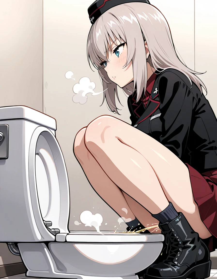 ((NSFW))、gray hair、beautiful girl、((sexual climax))、(((Pissing)))、standing pee、classroom、squat open legs