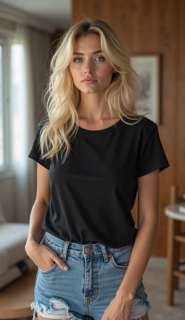 She is wearing a simple long black T-shirt, summer hat, sunglasses, denim short . Body towards the camera. beautiful 20-year-old girl with short blond hair on shoulder, expressive greeneyes, fair skin, at bahama island, This scene is depicted in high-quality photography, capturing every detail with superb clarity. The look exudes elegance and sophistication, inviting the viewer to admire the model's impeccable style and beauty.