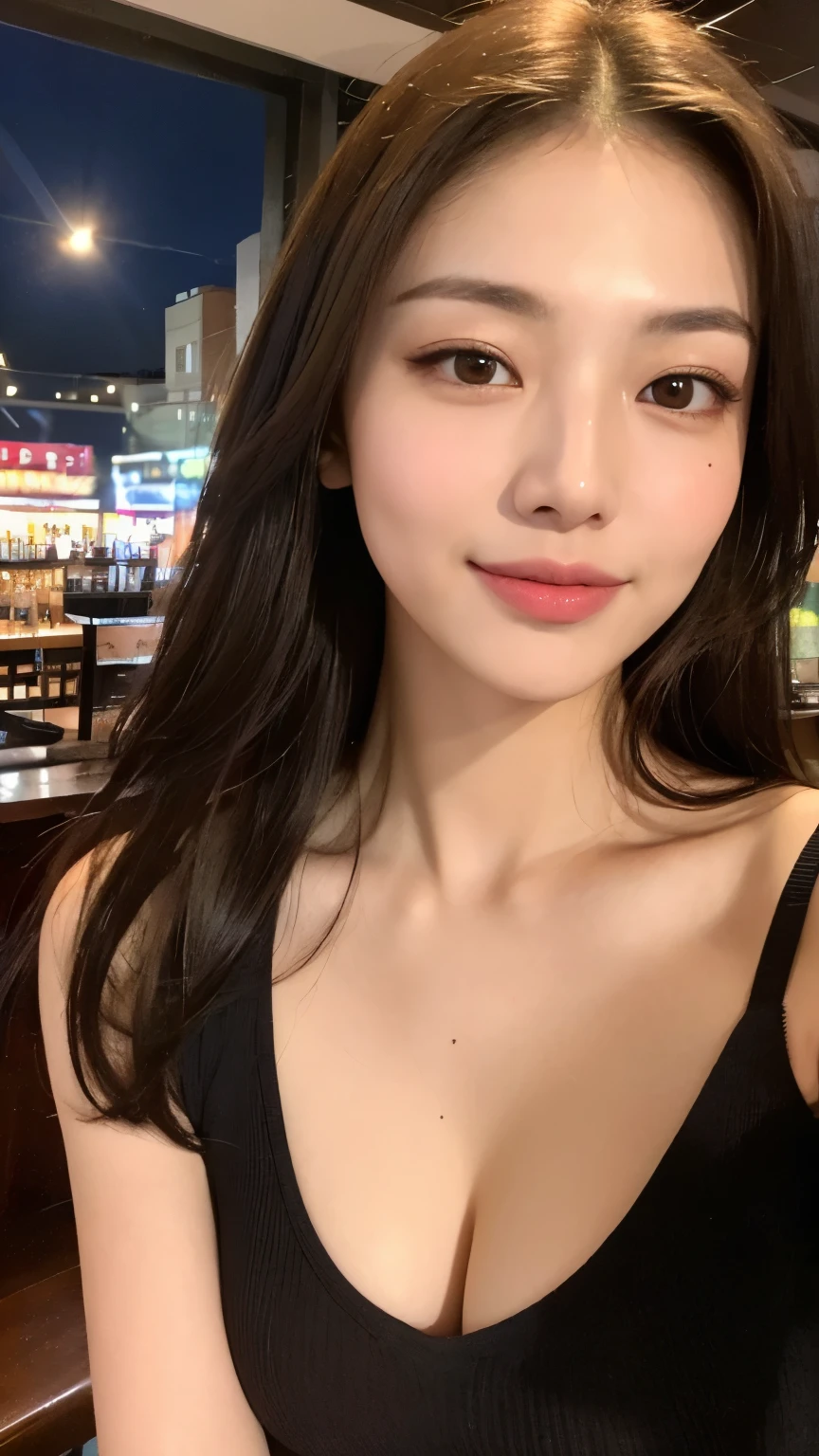 (1 Korean star with royal sister style), ((best quality, 8k, masterpiece: 1.3)), focus: 1.2, perfect body beauty: 1.4 , (funny expression), (night street: 1.3), highly detailed face and skin texture, fine eyes, double eyelids, whitened skin, (air bangs: 1.3), (round face: 1.5), (thin strap top: 1.4),
